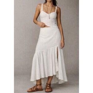 Farm Rio White Linen Blend Ruffle High Low Mermaid Maxi Skirt Sz Small Vacation